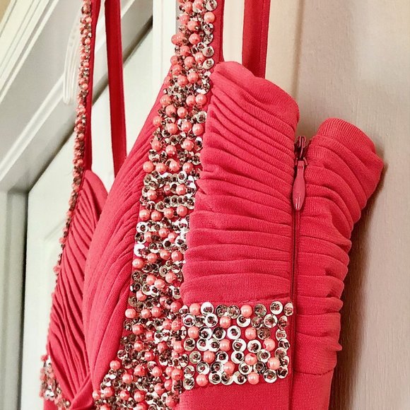 Cache Pink Dress Coral Beaded Sequin Silk Maxi Prom Dress Classic Elegance - Picture 8 of 13
